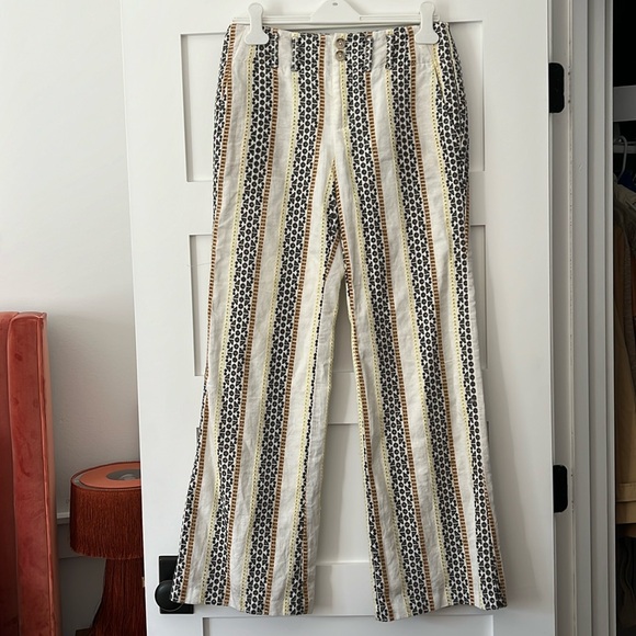 Anthropologie - Embroidered linen Striped Boho Wide Leg High Rise Eyelet Pants - Picture 3 of 6